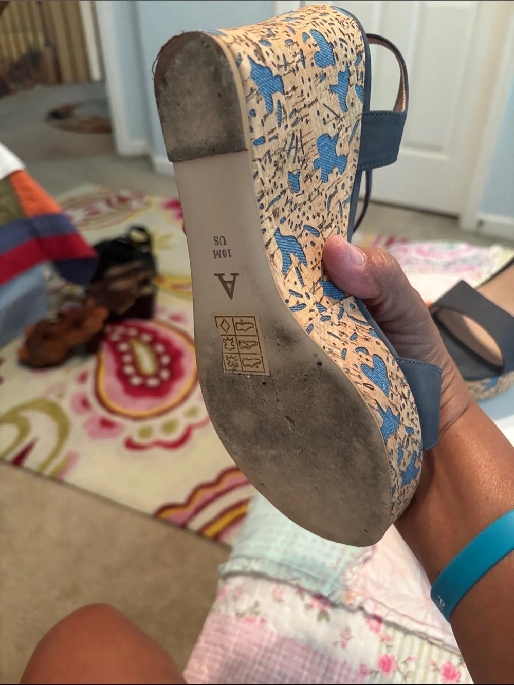 Anthropologie Blue Suede Platform Wedge Sandals with Patterned Cork Heel